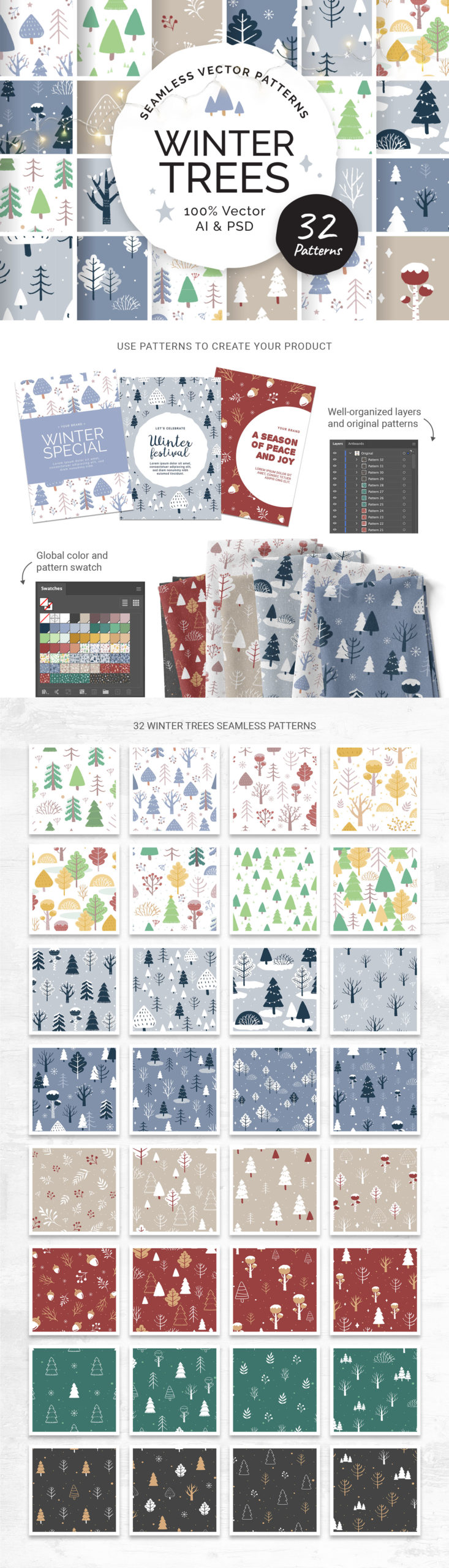Winter Christmas Tree Patterns for Photoshop & Illustrator