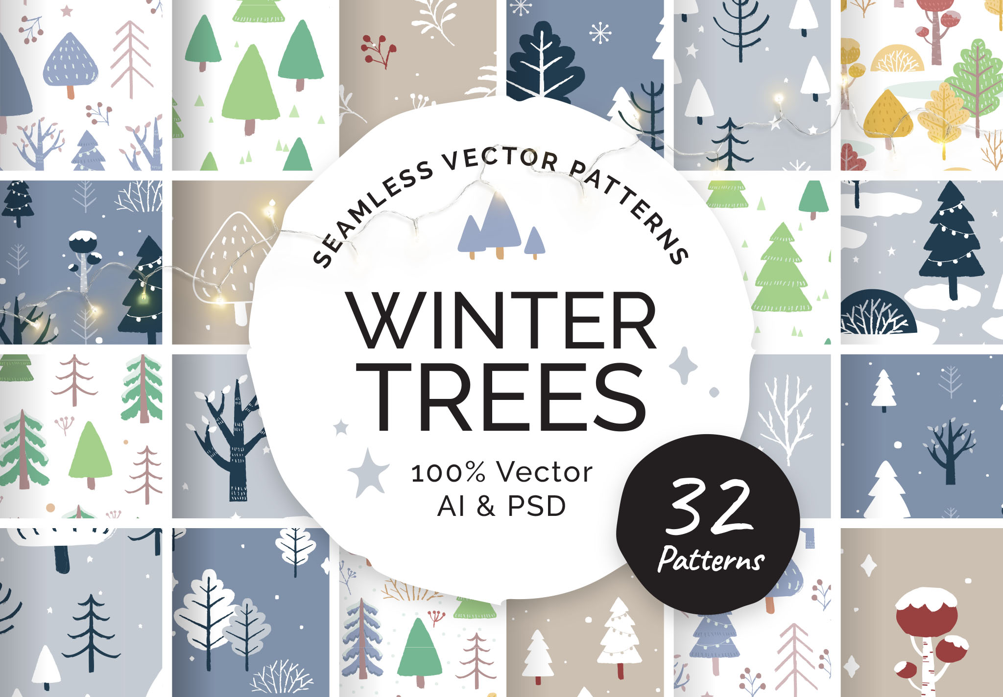 Winter Christmas Tree Patterns for Photoshop & Illustrator