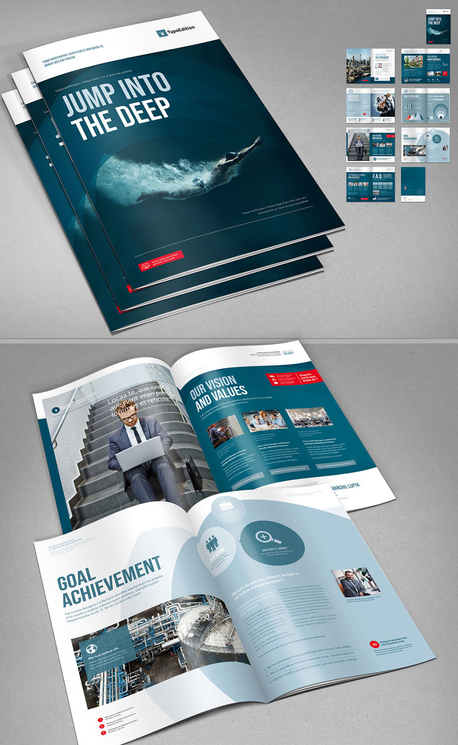Corporate Brochure Layout with Blue Accents