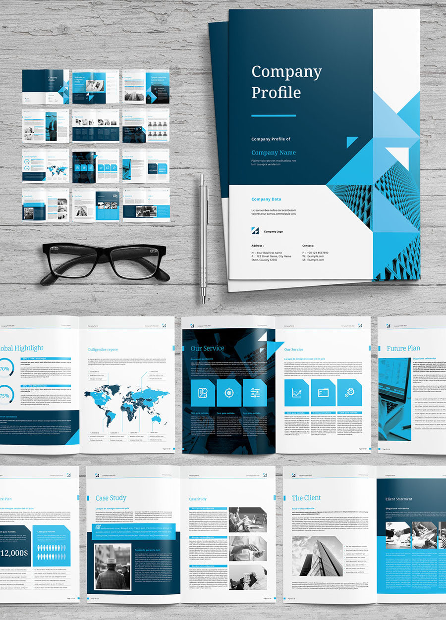 Company Profile Layout with Blue Accents