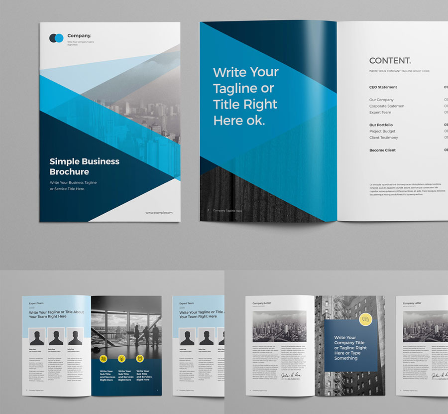 Brochure Layout with Blue Geometric Elements