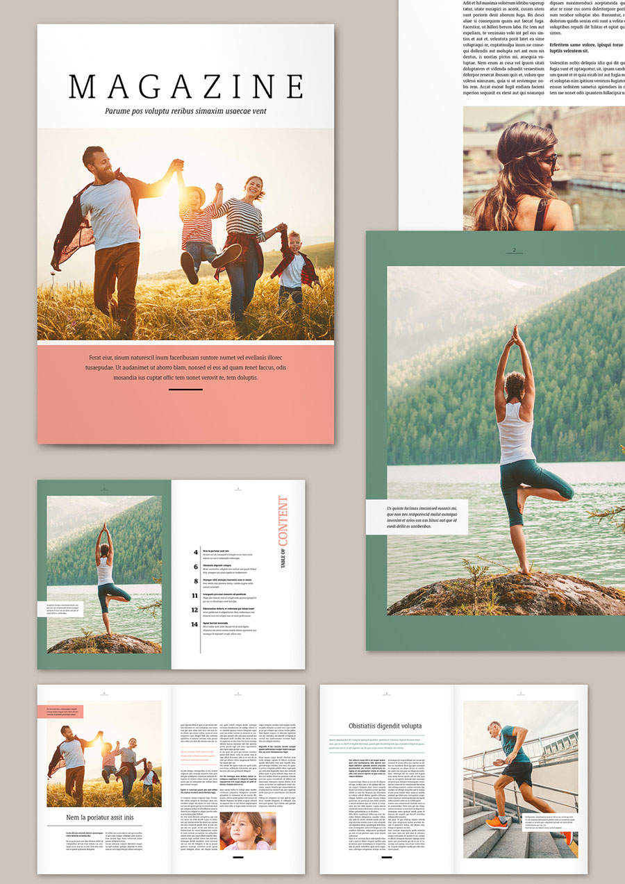 Magazine Layout with Pink and Green Elements