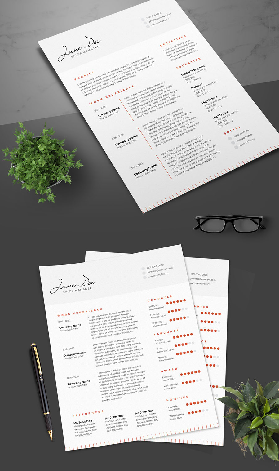 Resume Layout with Dark Orange Accents