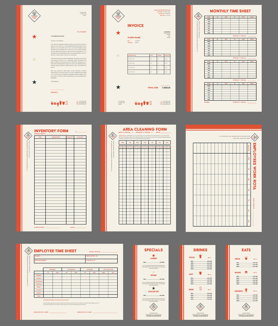 Off-White Restaurant Kit Layout Set with Dark Orange Accents
