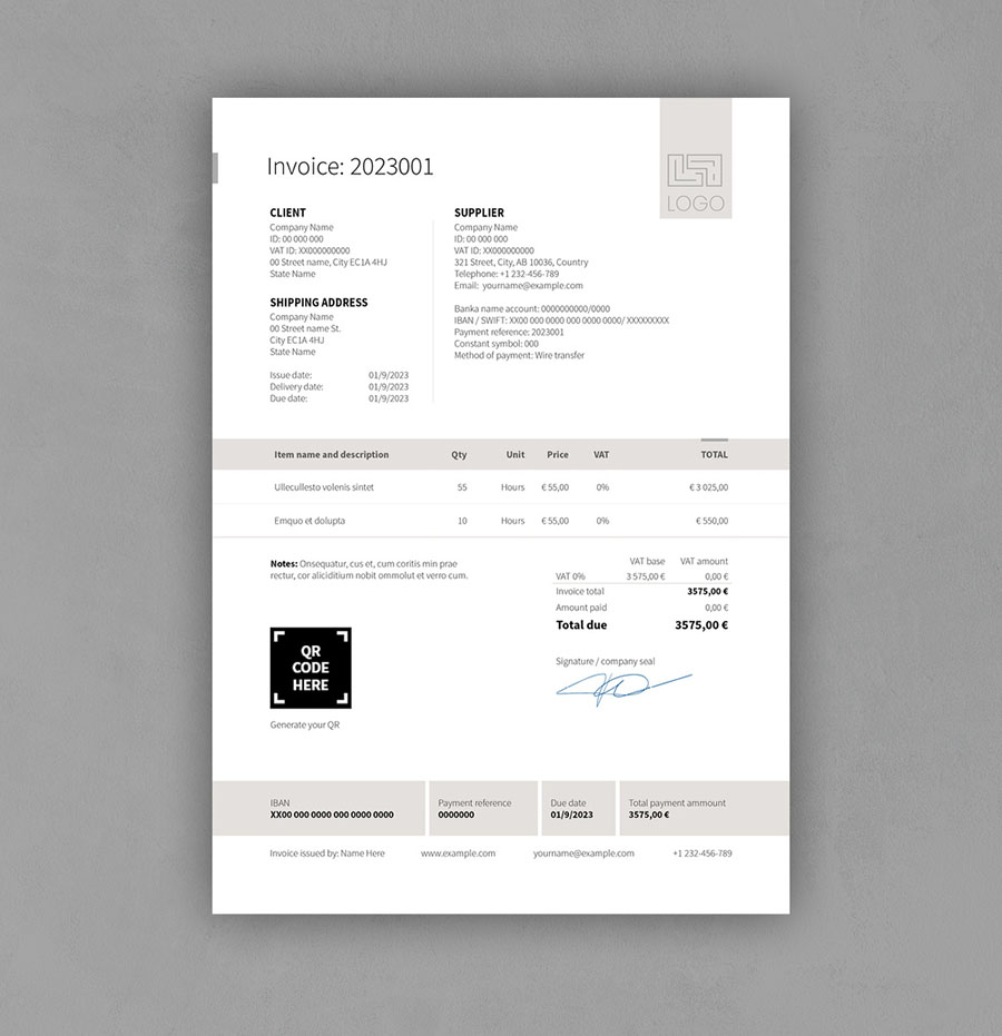 Invoice with Gray Header and Footer Elements