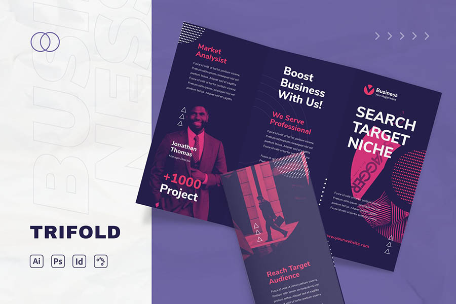 Purple Tri Fold Brochure Templates for InDesign