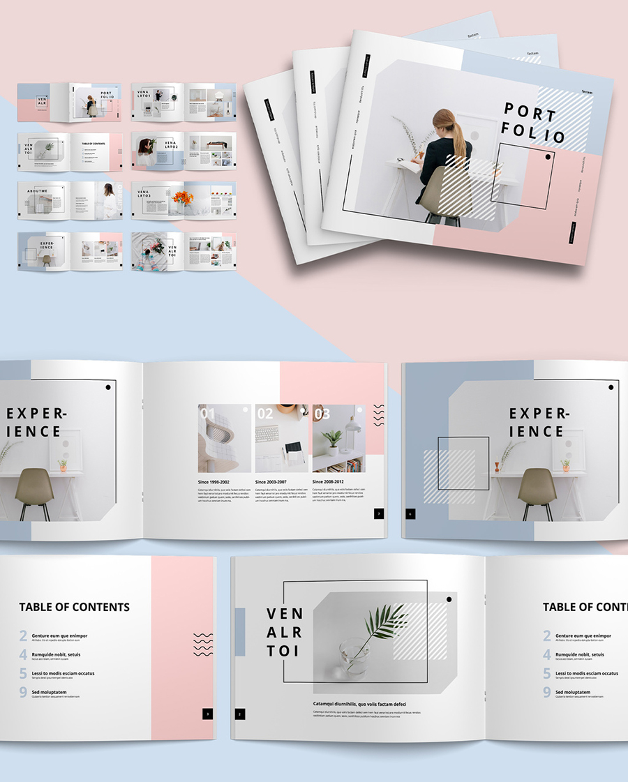Landscape Portfolio Layout with Pink and Blue Accents