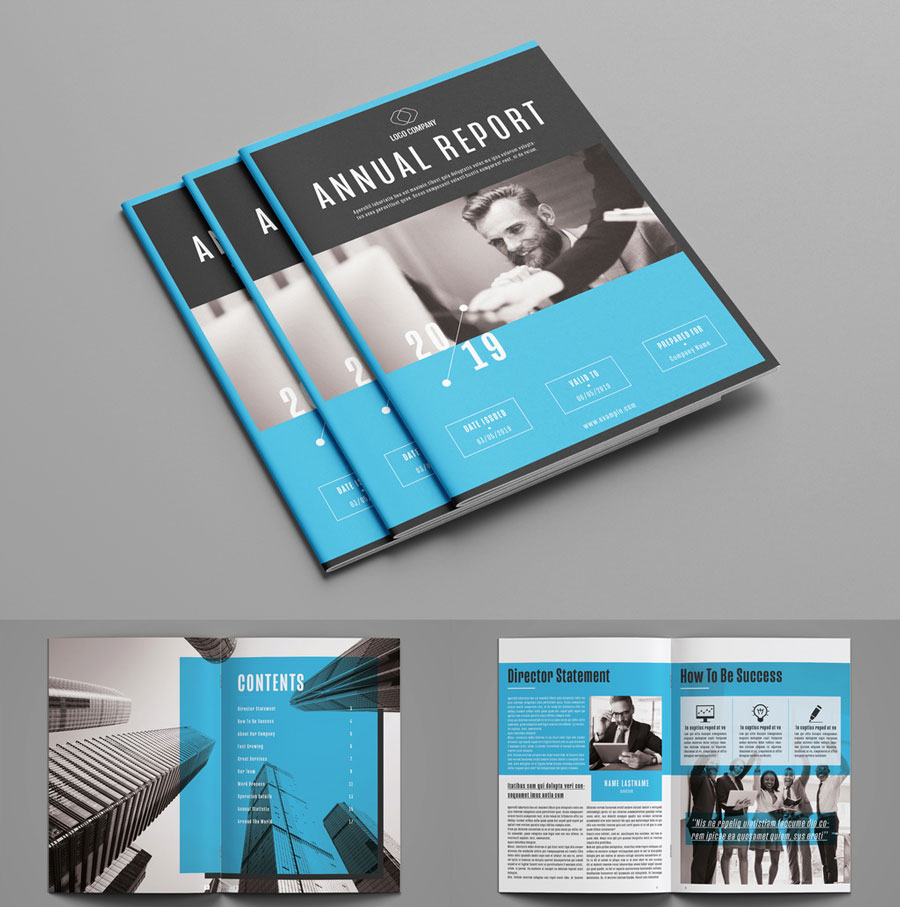 Annual Report Layout with Blue Accents