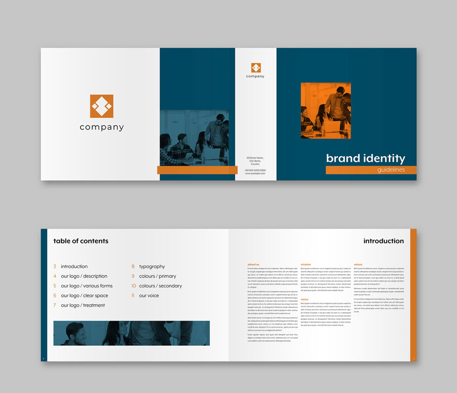 Blue and White Brochure with Orange Accents