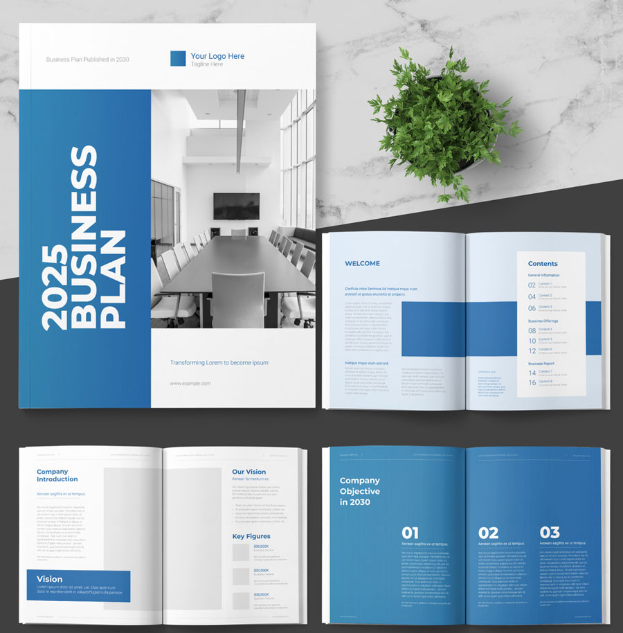 Business Plan Layout with Blue Accents