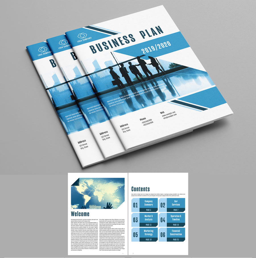 Business Plan Layout with Blue Accents