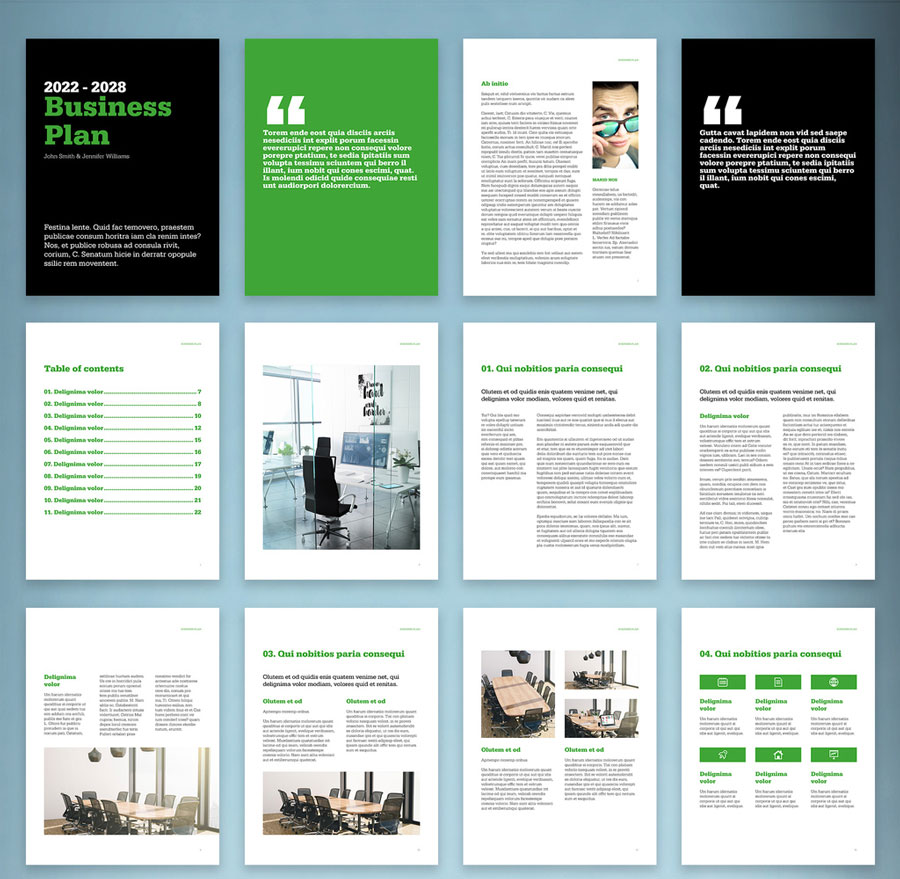 Digital Business Plan Layout with Black and Green Accents