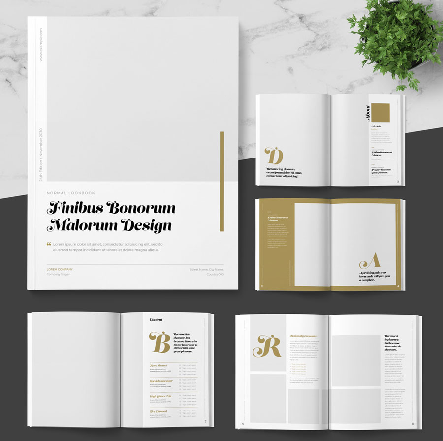 Lookbook Magazine Layout with Gold Accents