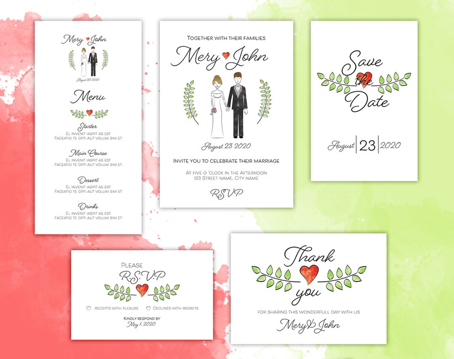 Wedding Invitation Layout Set with Couple Illustration