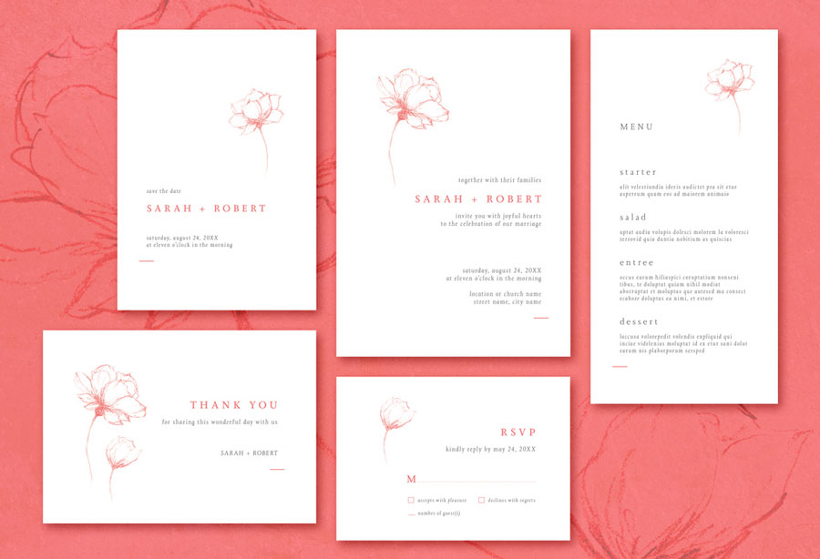 Wedding Stationery Suite Layout with Minimalist Floral Illustrations