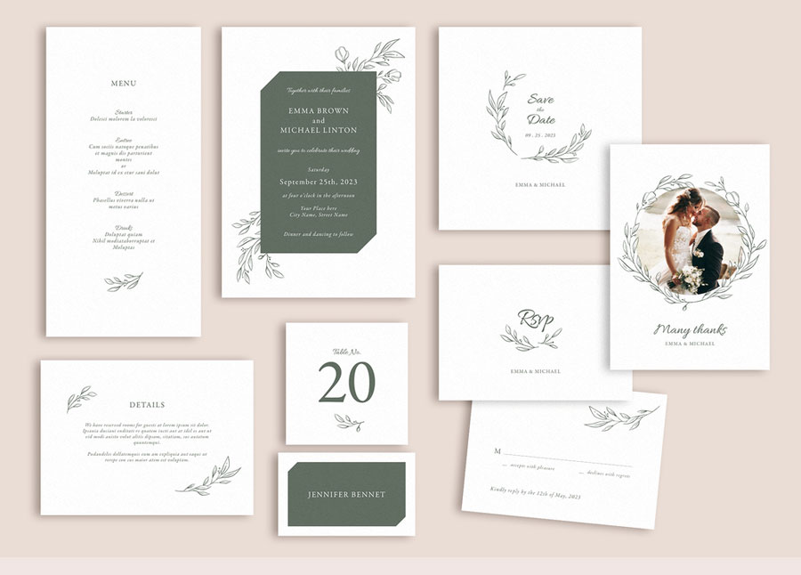 Wedding Suite Layout Set with Leaf Illustrations