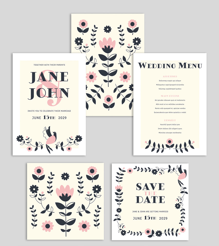 Wedding Suite Layout with Floral Graphic Illustrations
