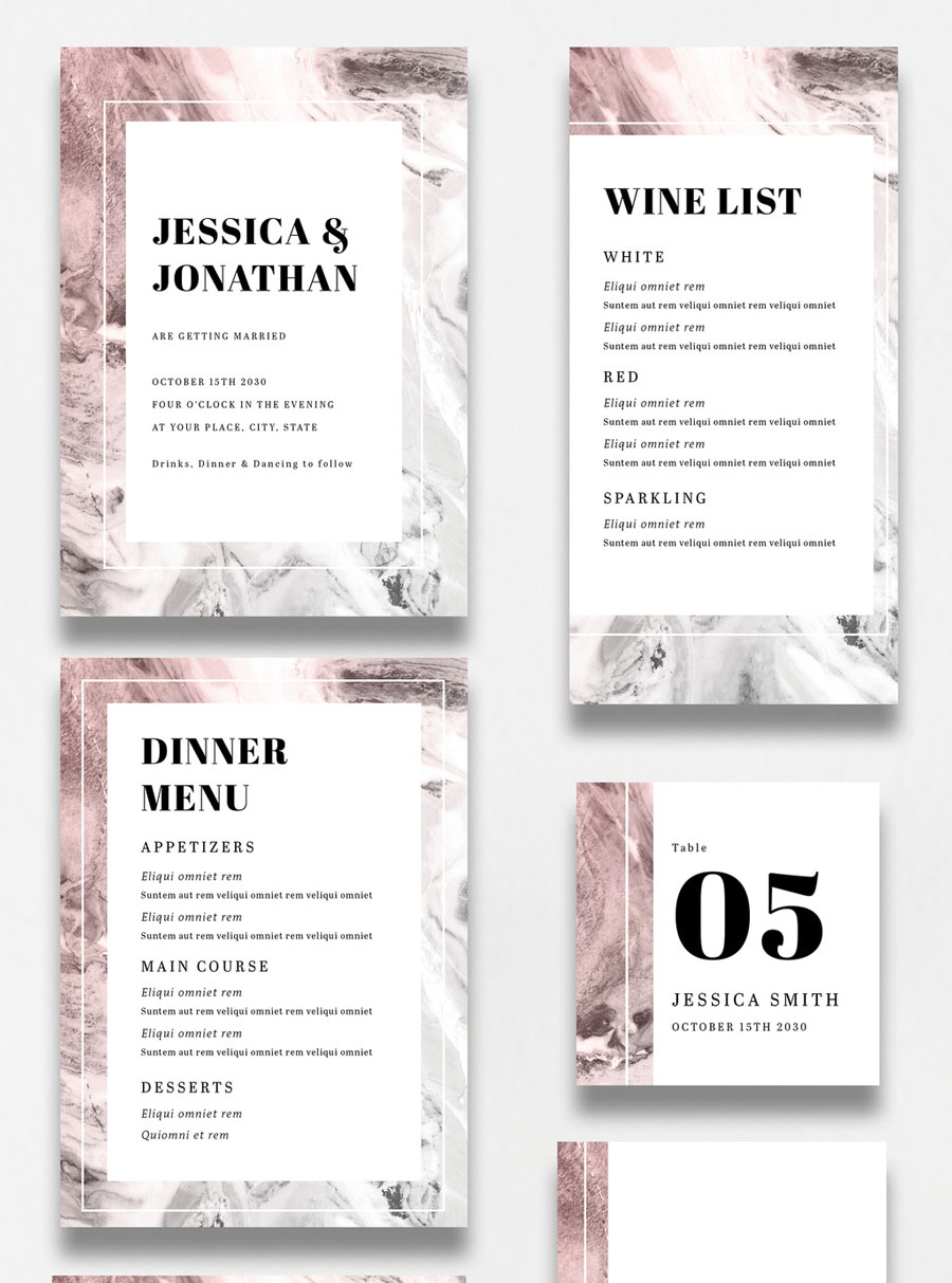 Wedding Suite Layout with Pink and Gray Accents and Marble Elements