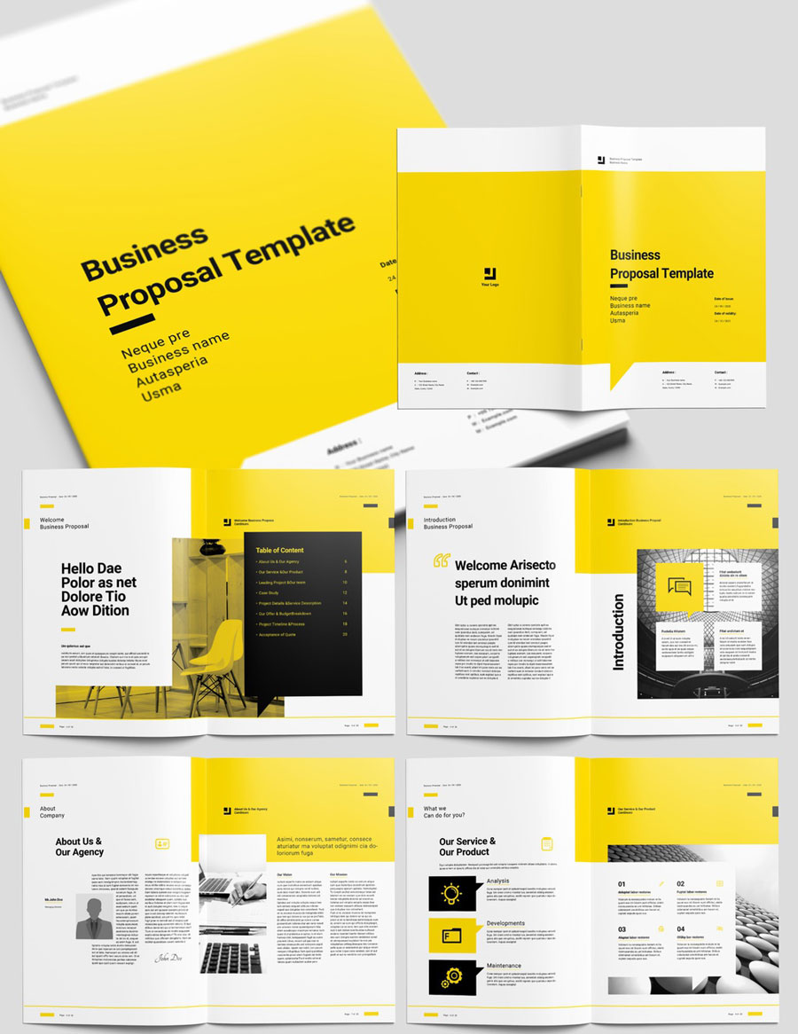 Yellow Proposal Brochure Layout with Black Accents