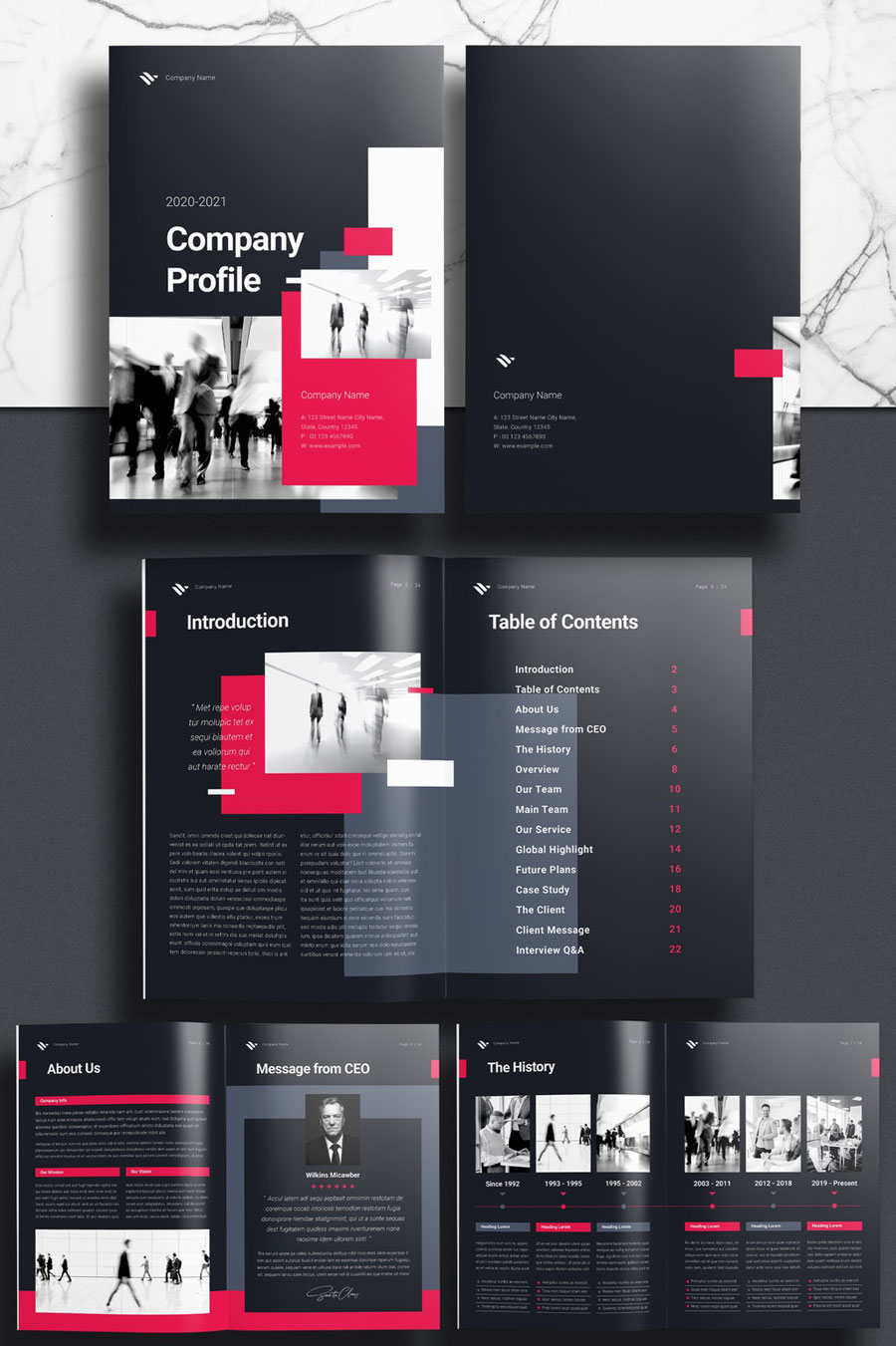 Company Profile Booklet Layout with Black and Pink Accents