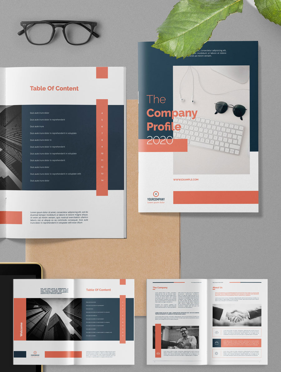 Company Profile Brochure Layout with Salmon Red Accents