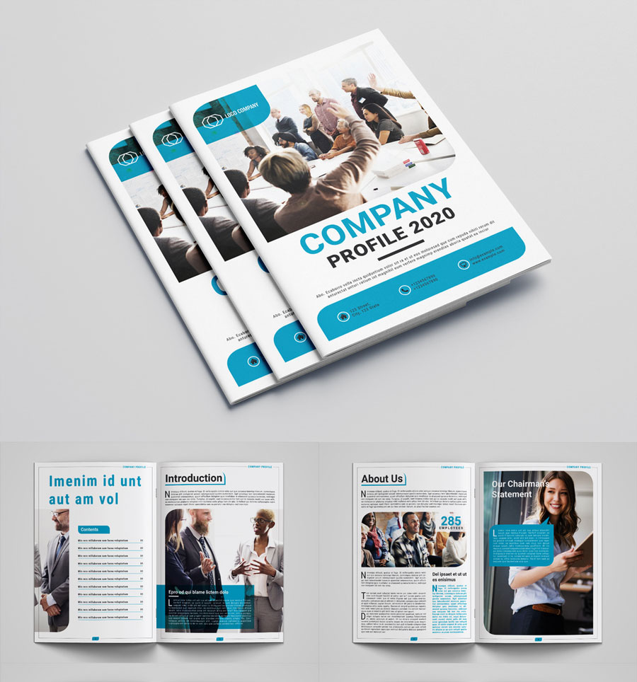 Company Profile Layout with Blue Accents
