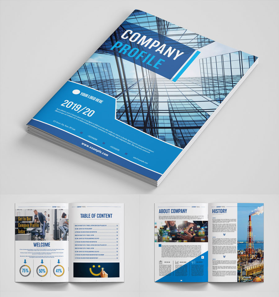 Company Profile Layout with Blue and Orange Accents