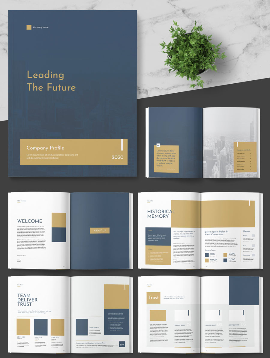 Company Profile Layout with Gold and Dark Teal Accents
