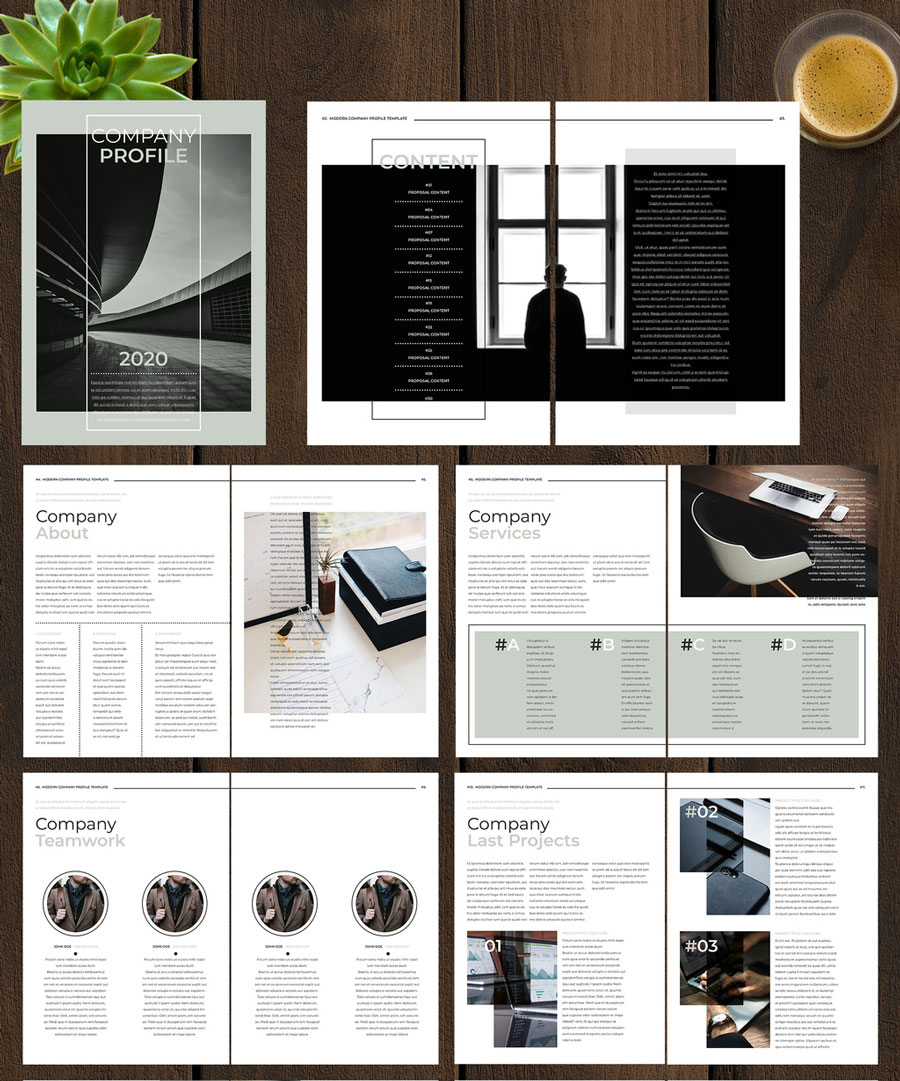 Company Profile Layout with Grey and Green Accents