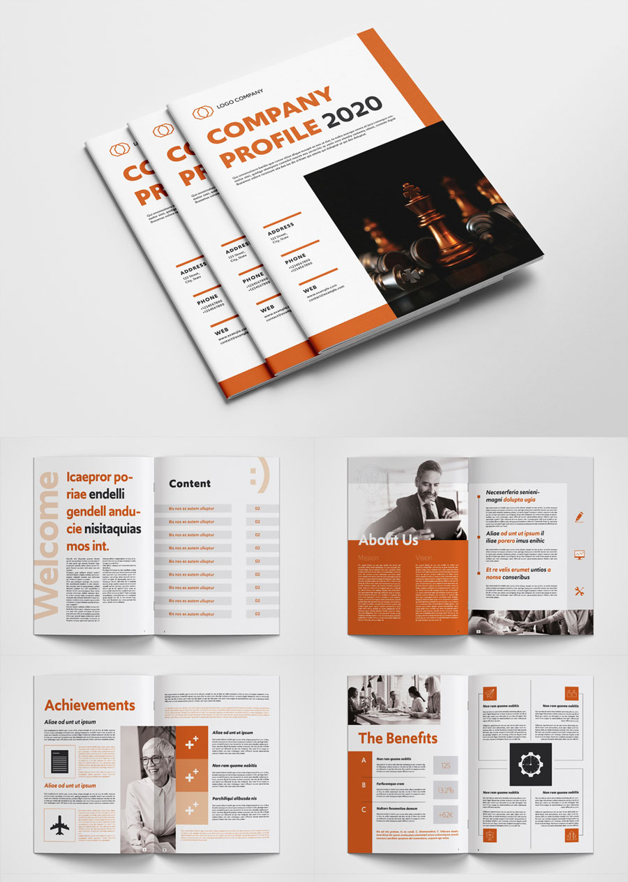 Company Profile Layout with Orange Accents