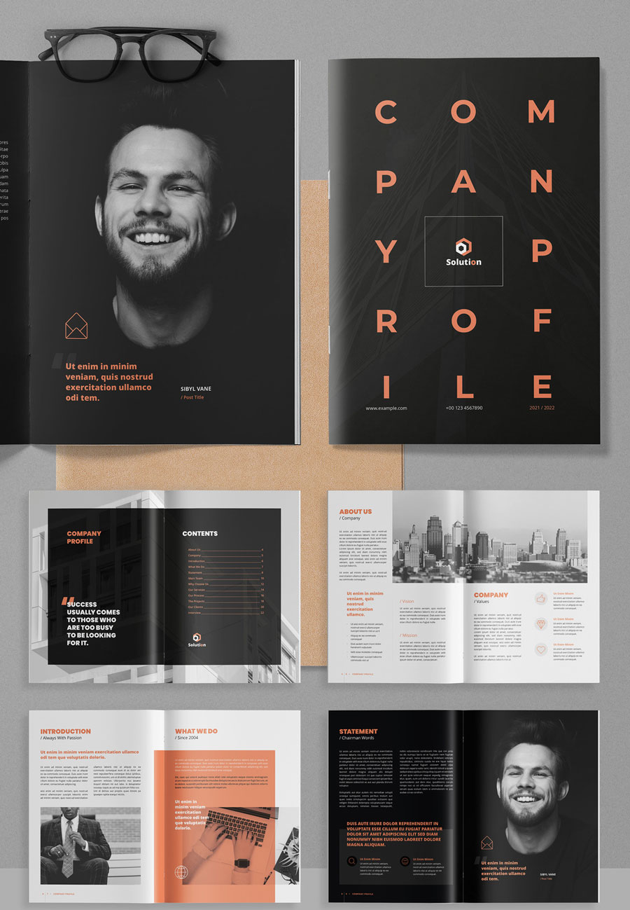 Company Profile Layout with Peach Accents