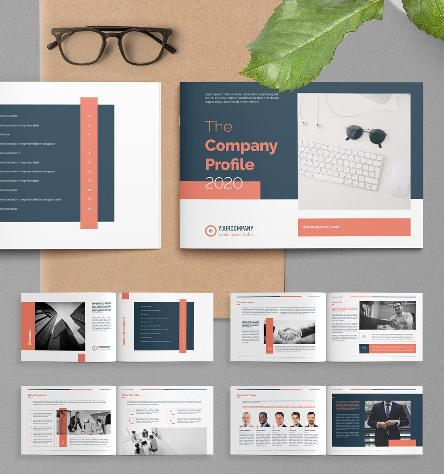 Landscape Company Profile Brochure Layout with Salmon Red Accents