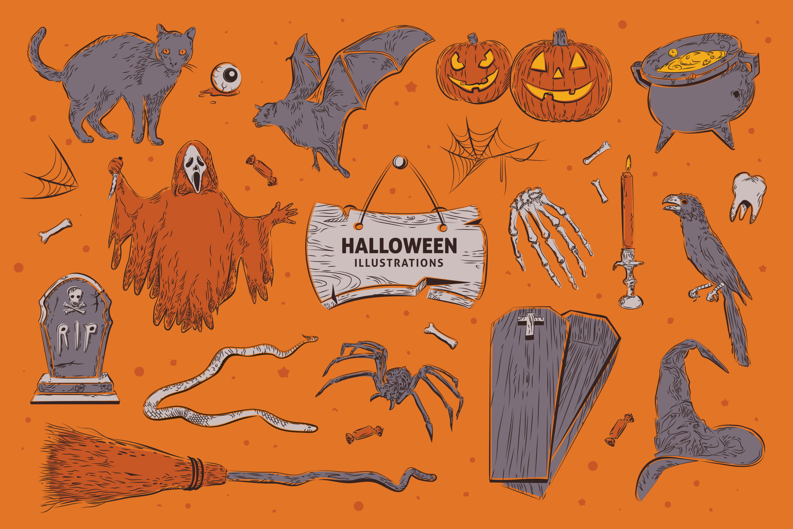 Halloween Line Art Vector Clipart Illustrations