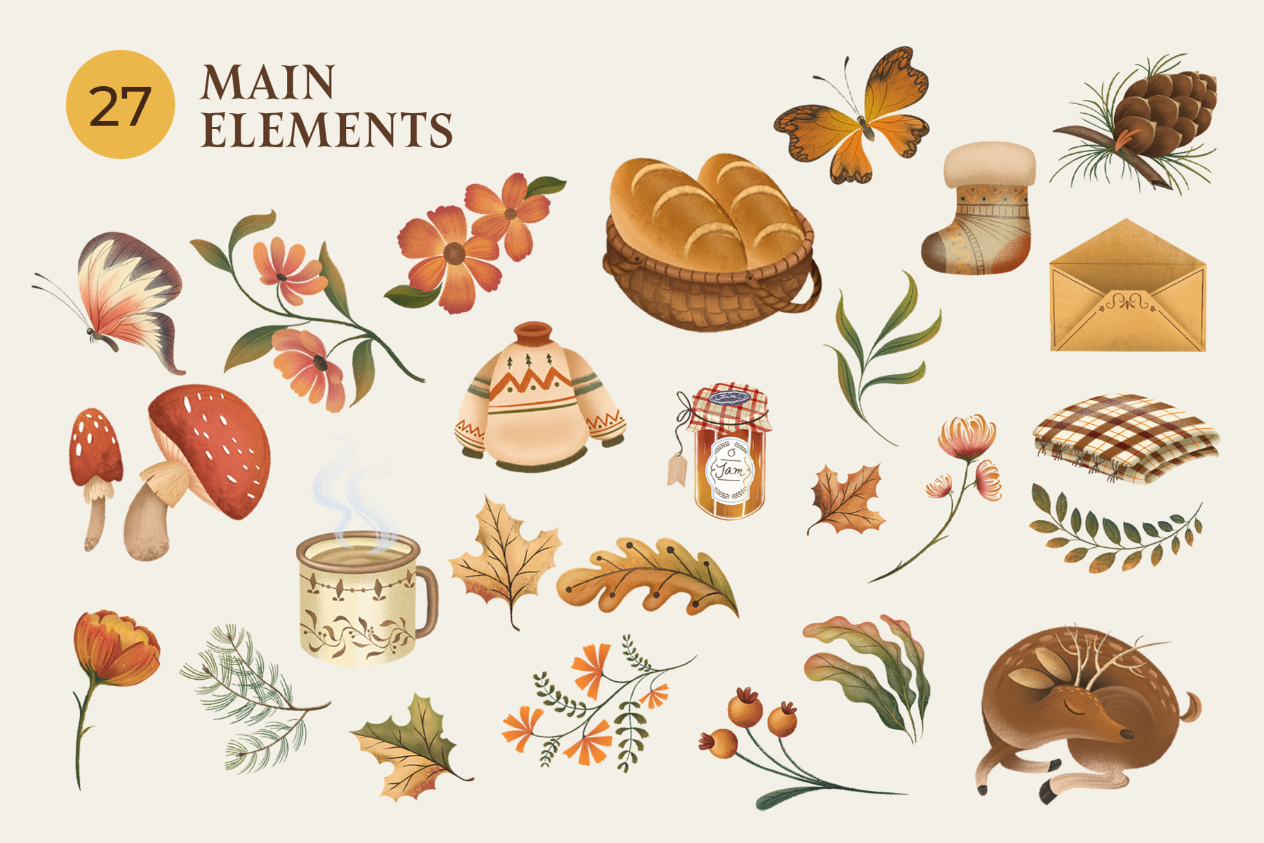 Collection of Autumn & Fall Clipart Illustrations Inspired by an Autumnal Forest (PSD, PNG Format)