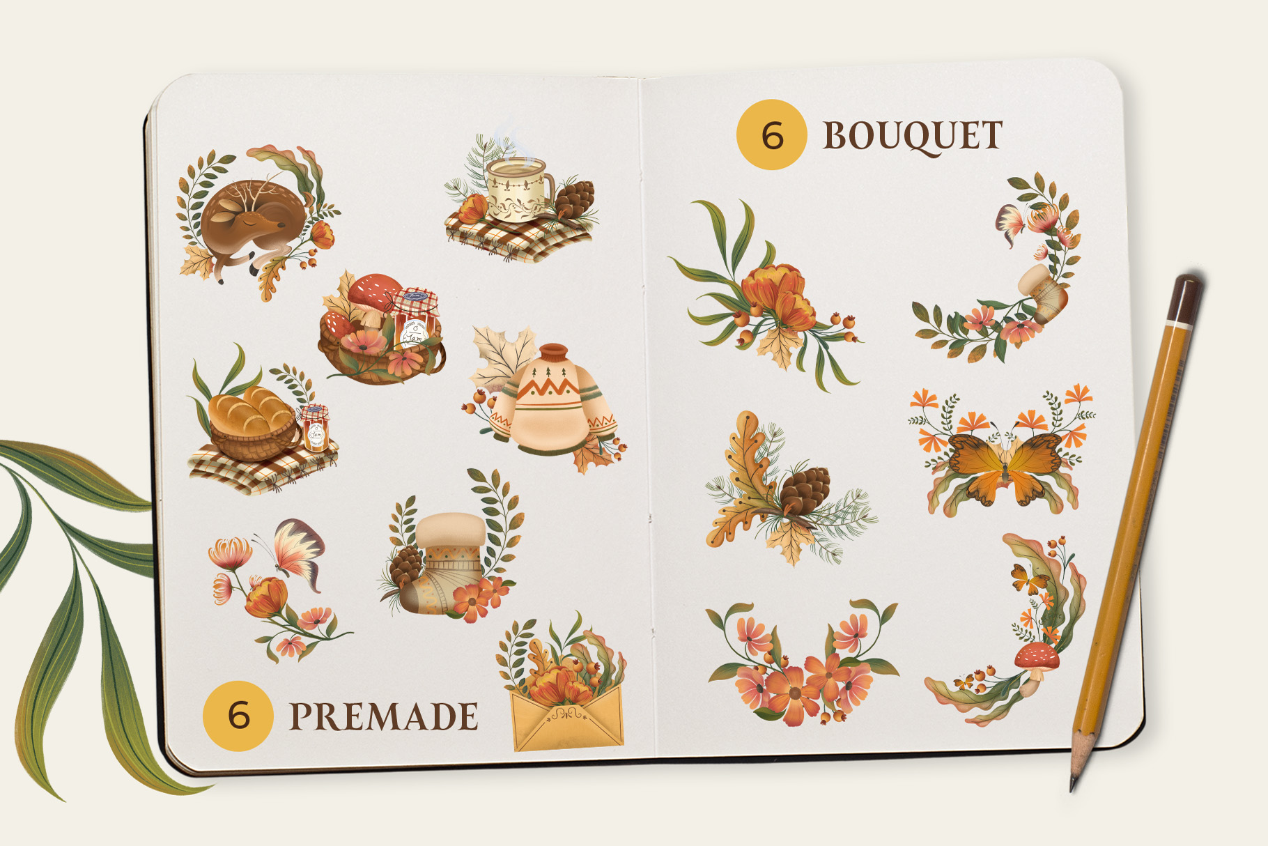 Collection of Autumn & Fall Clipart Illustrations Inspired by an Autumnal Forest (PSD, PNG Format)