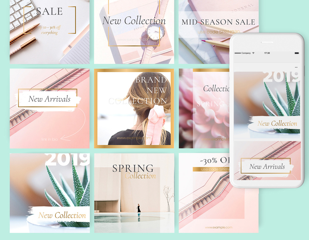 15 Social Media Post Layouts with Gold Elements (AI Format)