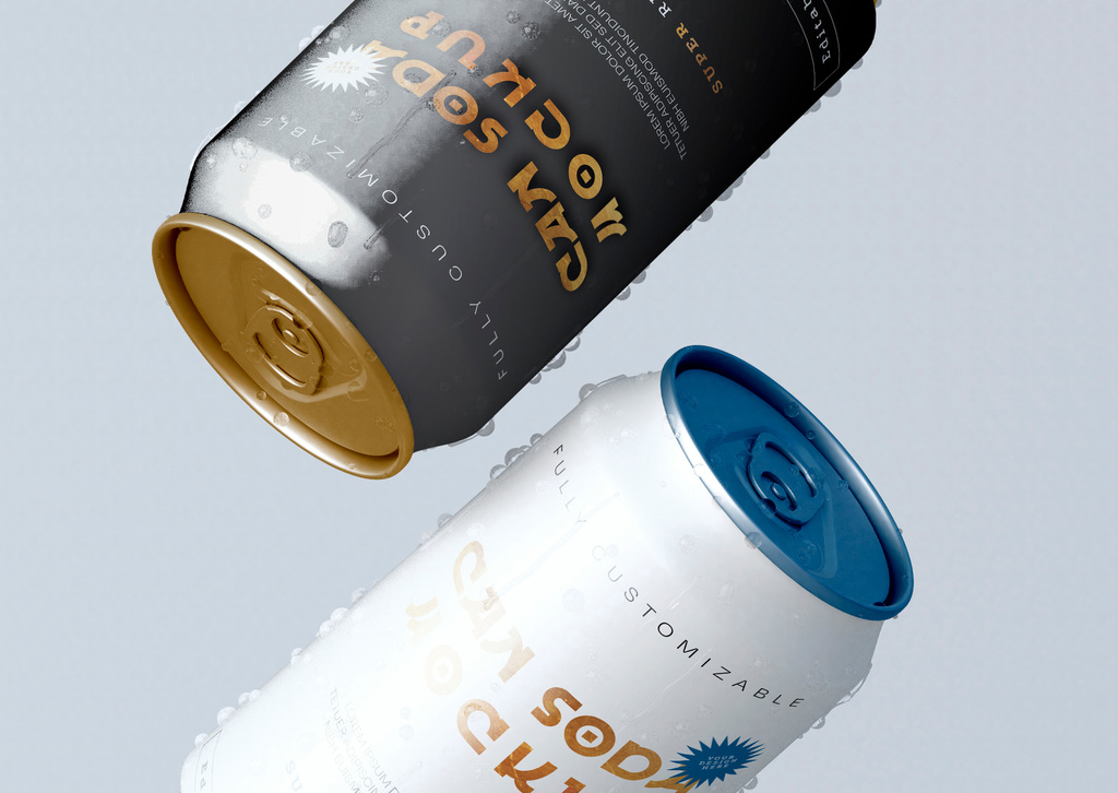 2 Can Soda with Water Drops Mockup (PSD Format)