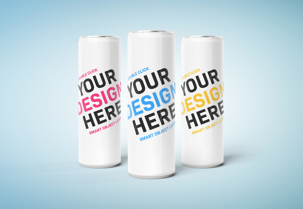 3 Slim Aluminum Cans Isolated on White Mockup (PSD Format)