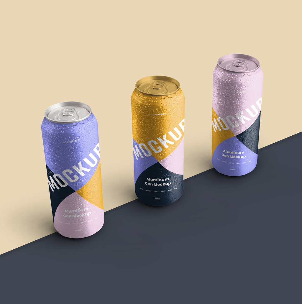5 Aluminum Thin Can Mockups with Water Drops (PSD Format)