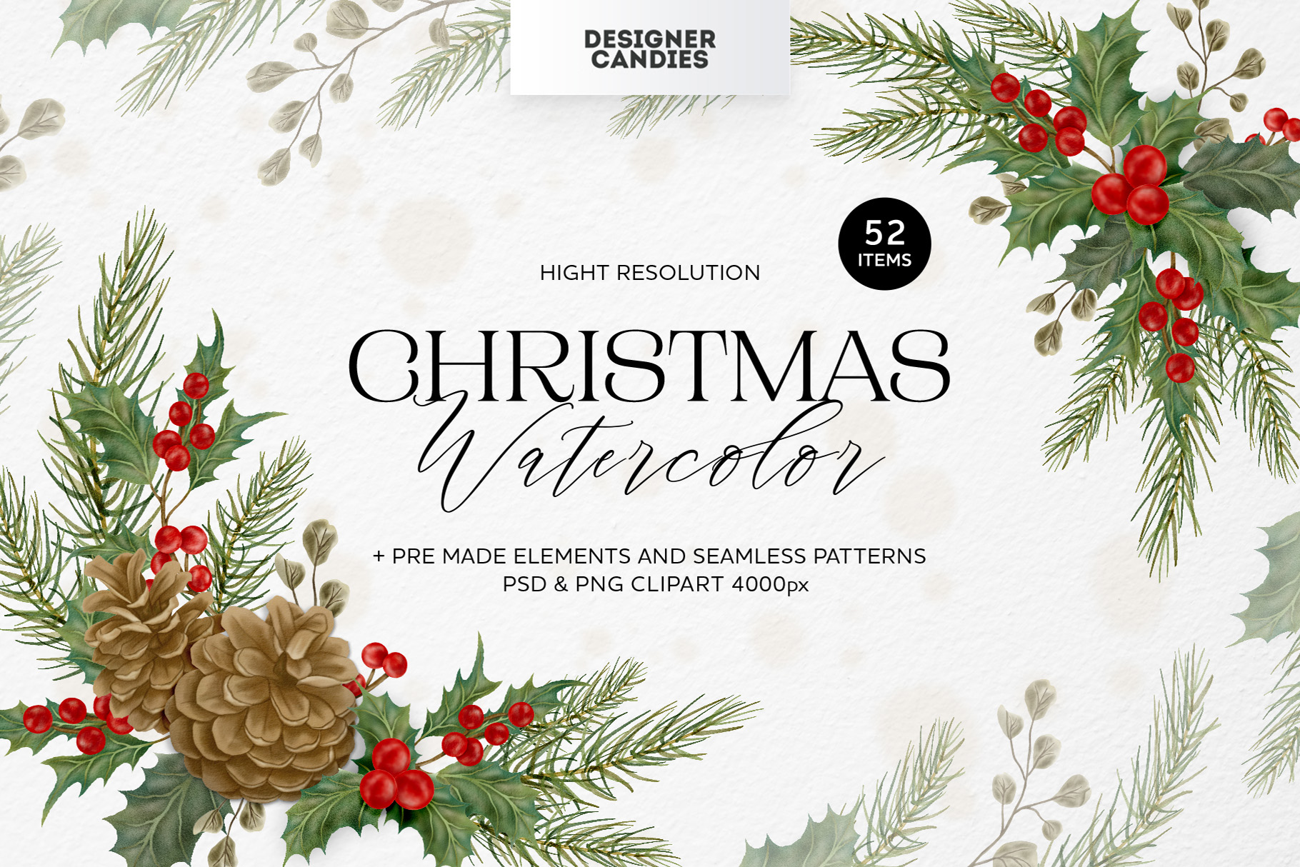 Christmas Leaves & Floral Elements (PSD, PNG, PAT Format)