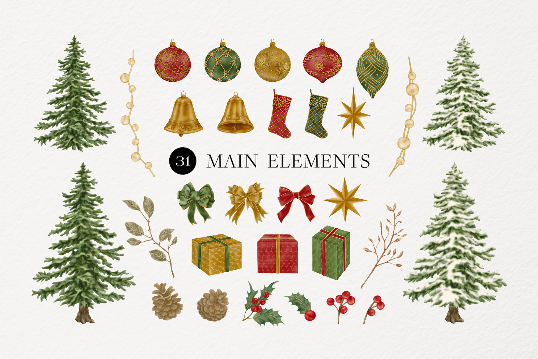Christmas Watercolor Decorations (PSD, PNG Format)