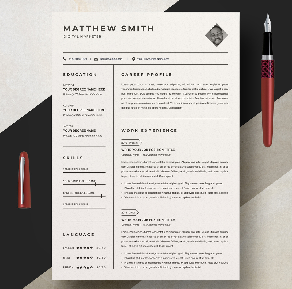 Clean Resume Layout Set with Diamond Photo Mask (AI Format)