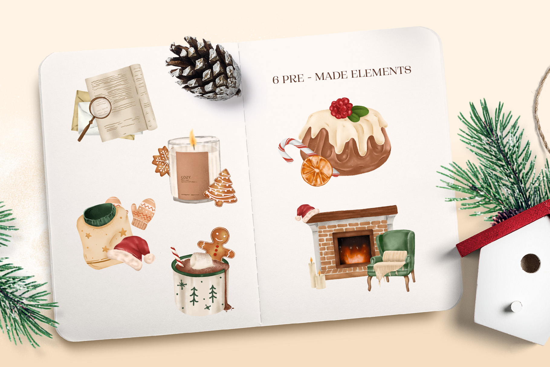 Cozy Christmas Clipart Illustrations (PSD, PNG, JPEG Format)
