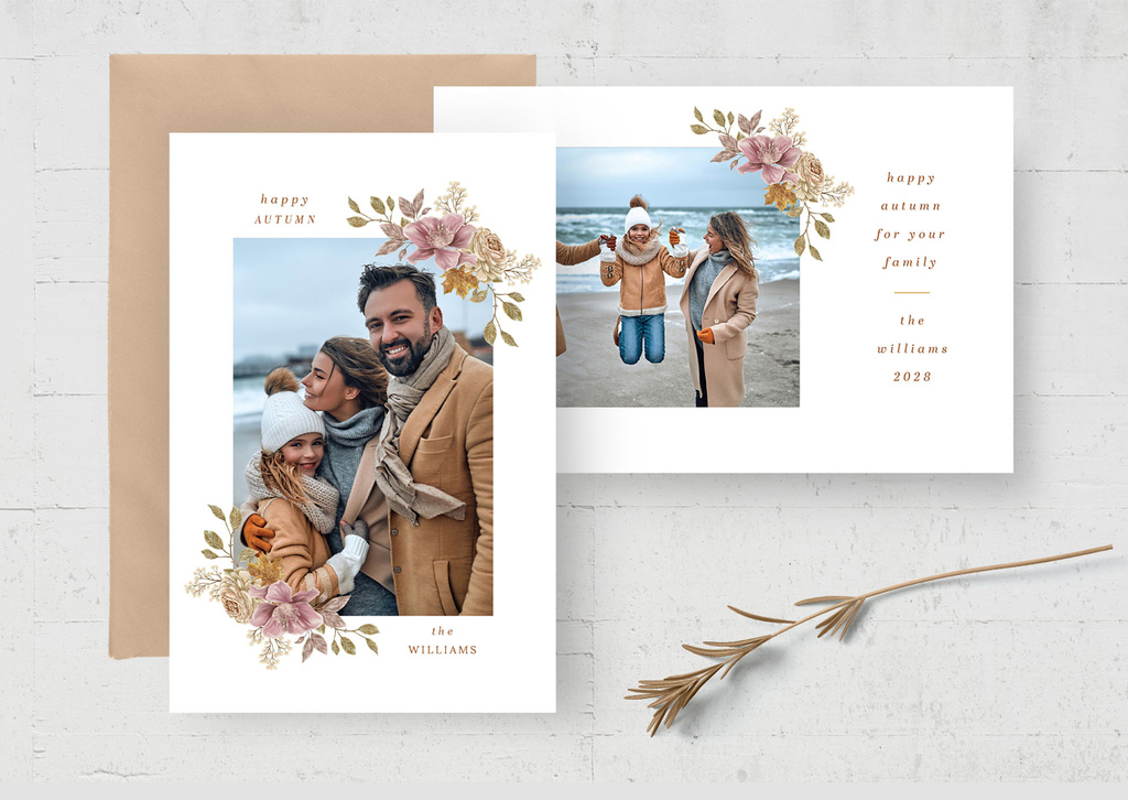 Family Photo Greetings Card with Delicate Autumn Flowers (PSD Format)