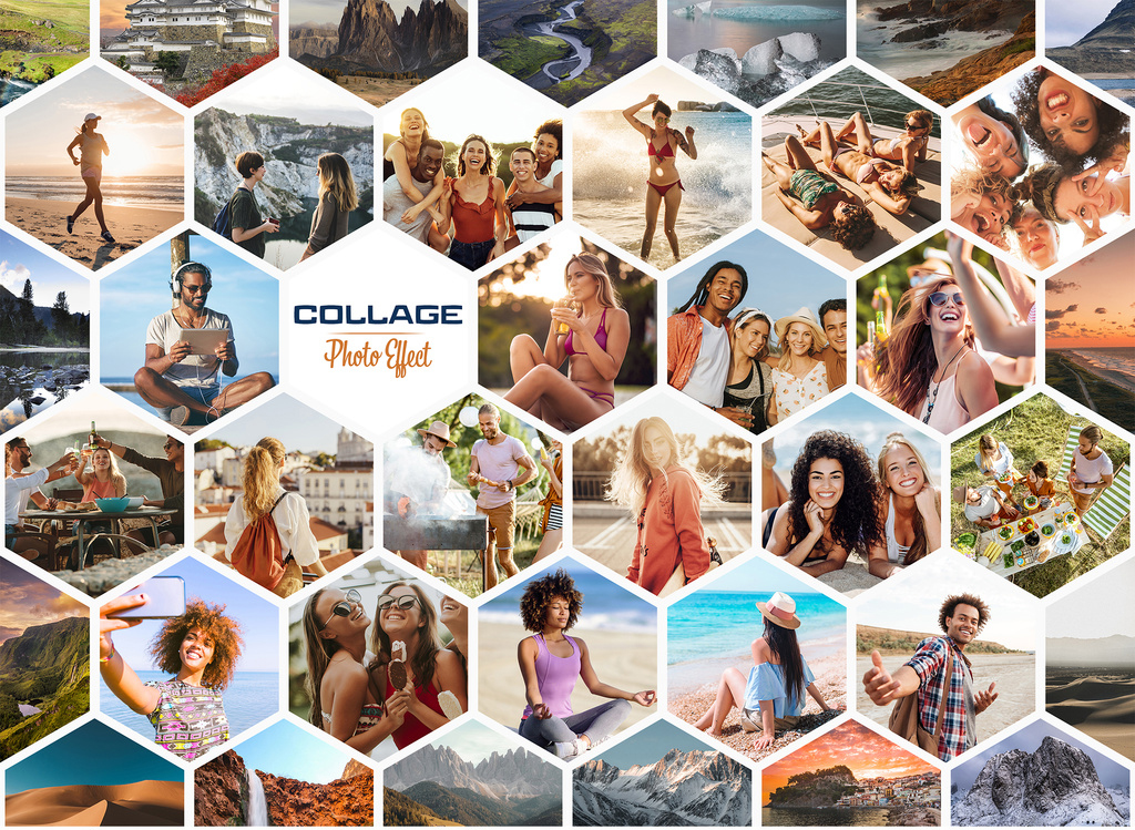 Photo Collage Hexagon Frame Effect Mockup (PSD Format)