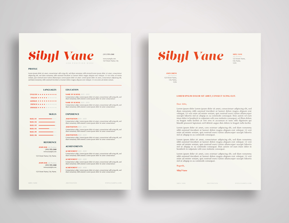 Resume and Cover Letter Layout with Red Accents (AI Format)