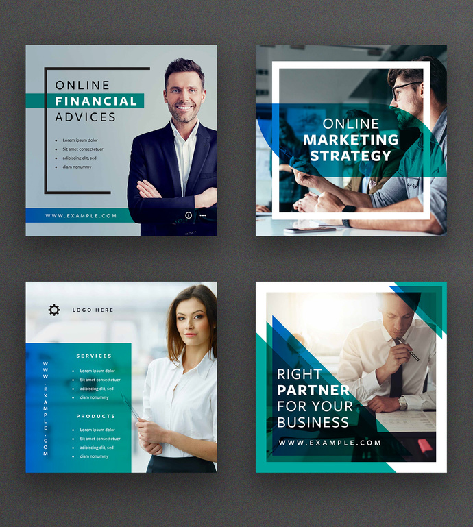 Social Media Post Layout Set with Blue and Teal Overlay Elements (AI Format)