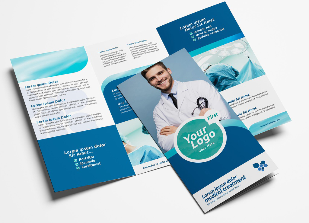 Trifold Brochure Layout with Medical Themed Illustrations (PSD Format)