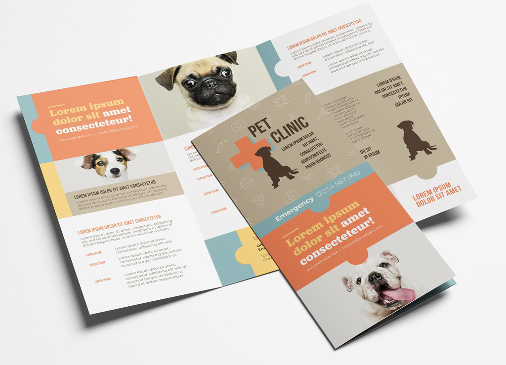 Trifold Brochure Layout with Pet and Vet Service Themed Illustrations (PSD Format)