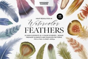 Feathers Watercolor Clipart (PSD, PNG, PAT Format)